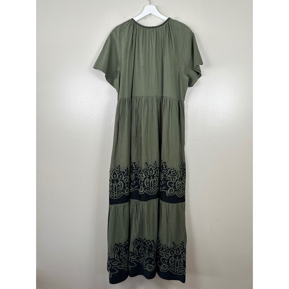 Chico's Women's 14 Maxi Dress Olive Green Embroidered Tiered Cotton Boho NEW - Picture 2 of 8